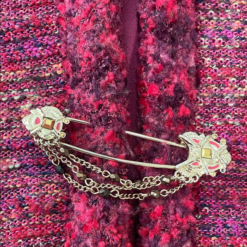 ST. JOHN couture Tweed Jacket Rich Burgundy gold crystal chain beaded fringe - Picture 17 of 17